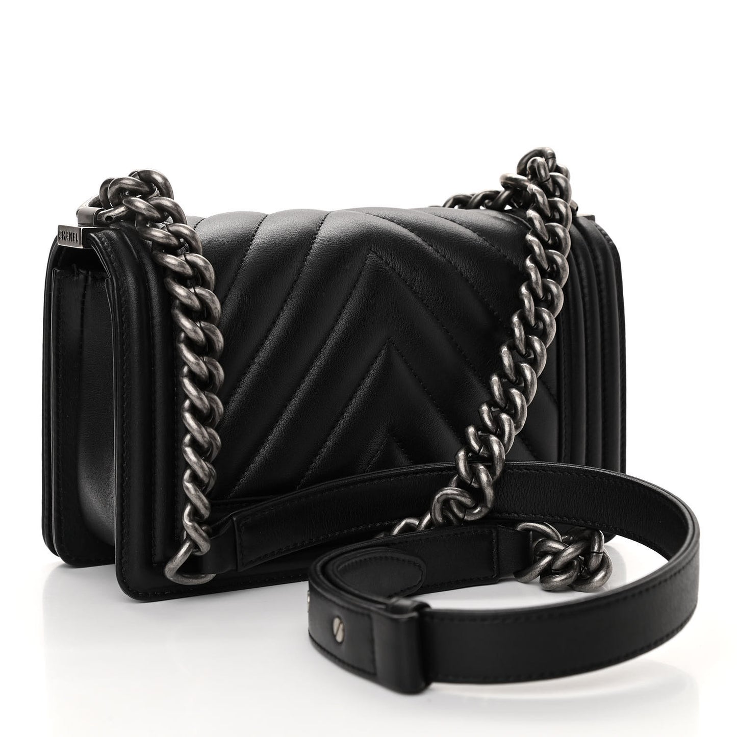 Calfskin Chevron Quilted Small Boy Flap Black