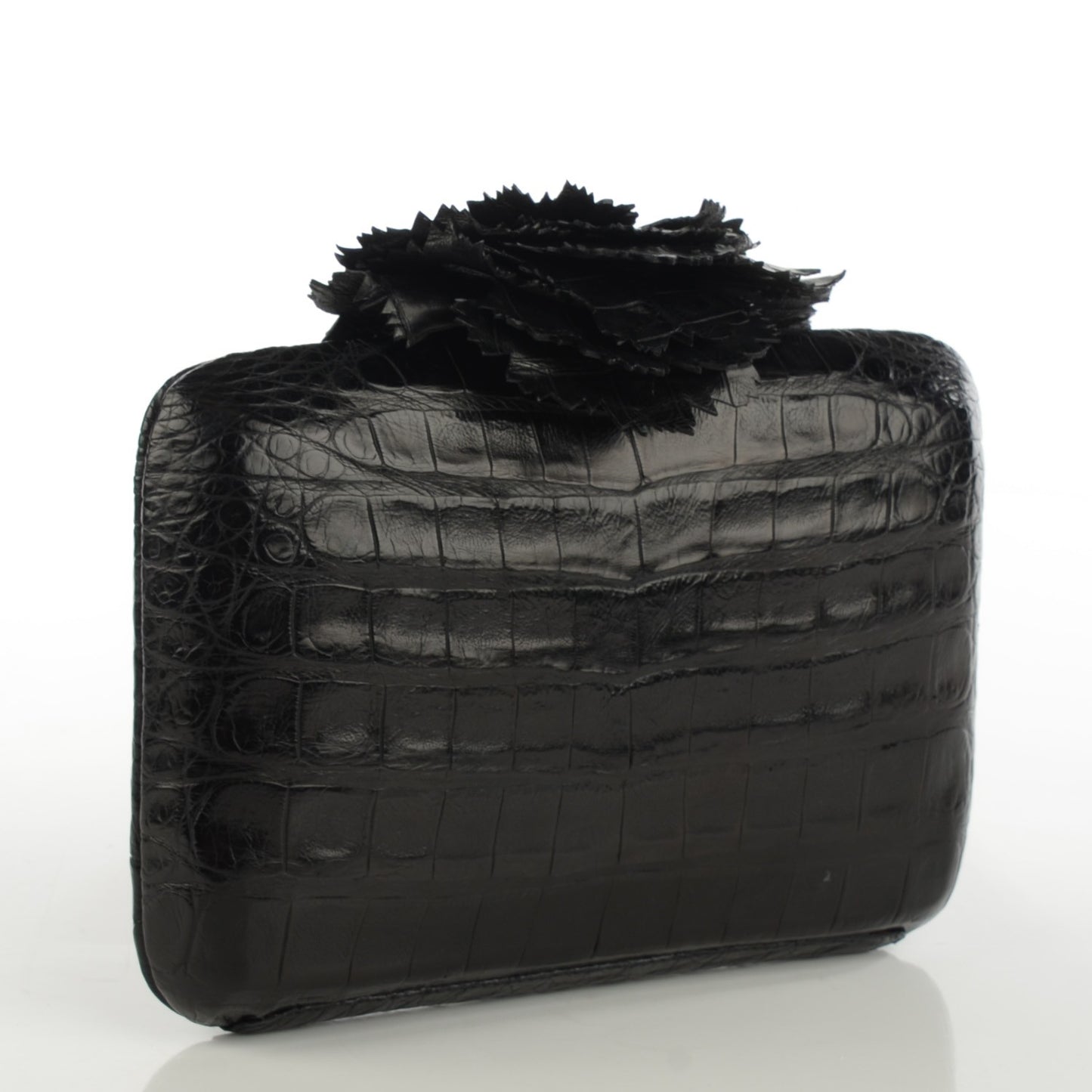 Crocodile Floral Applique Minaudiere Clutch Black