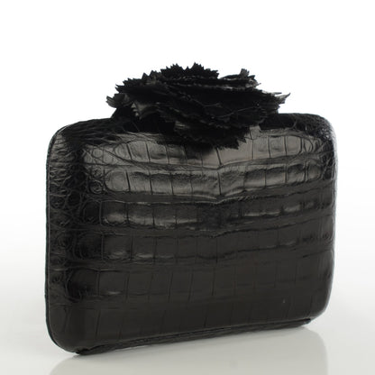 Nancy Gonzalez Crocodile Floral Applique Minaudiere Clutch Black 3 of 7