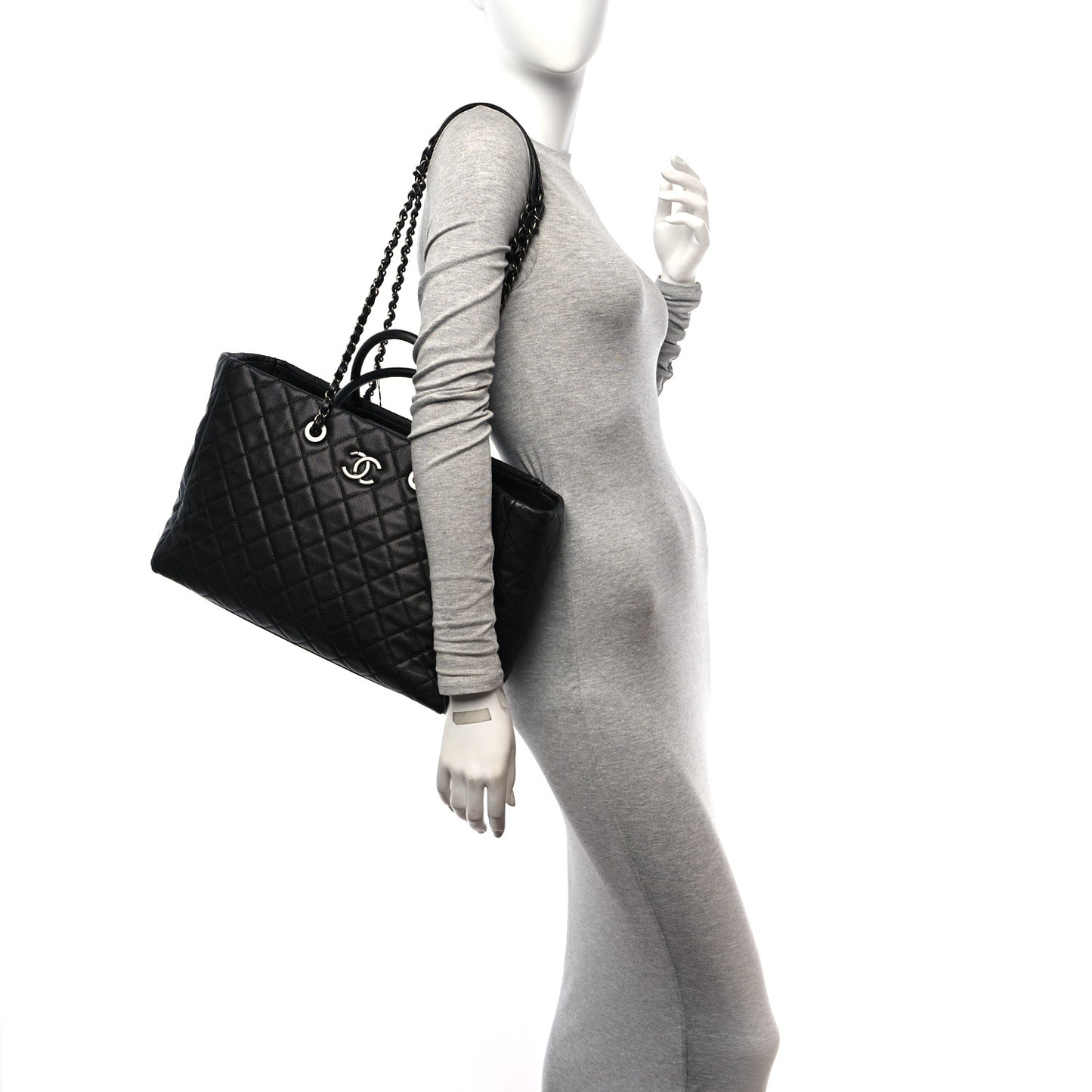 Caviar Quilted Large Coco Handle Shopping Tote Black