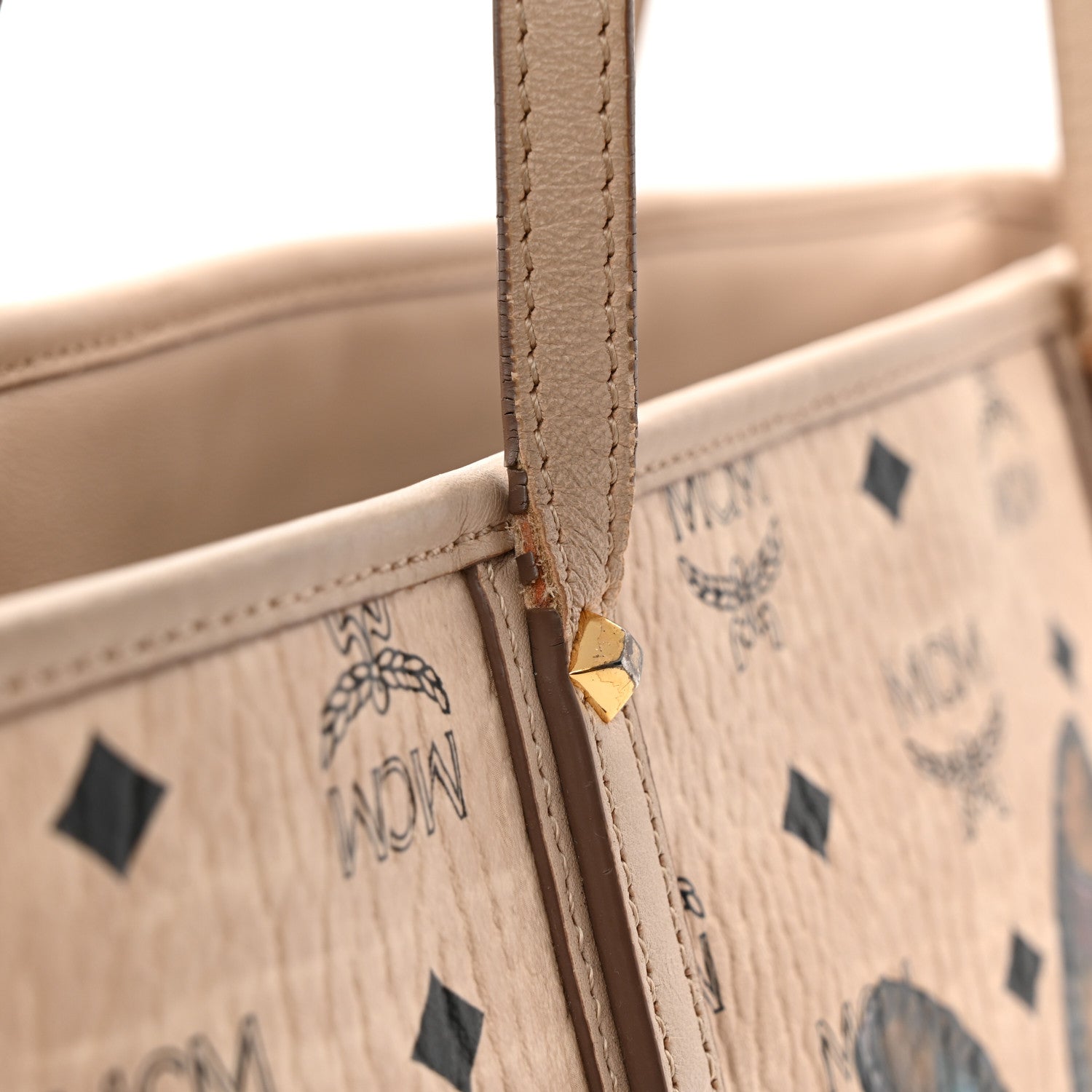 MCM Visetos Medium Studded Rabbit Top Zip Shopper Tote Beige 12 of 14