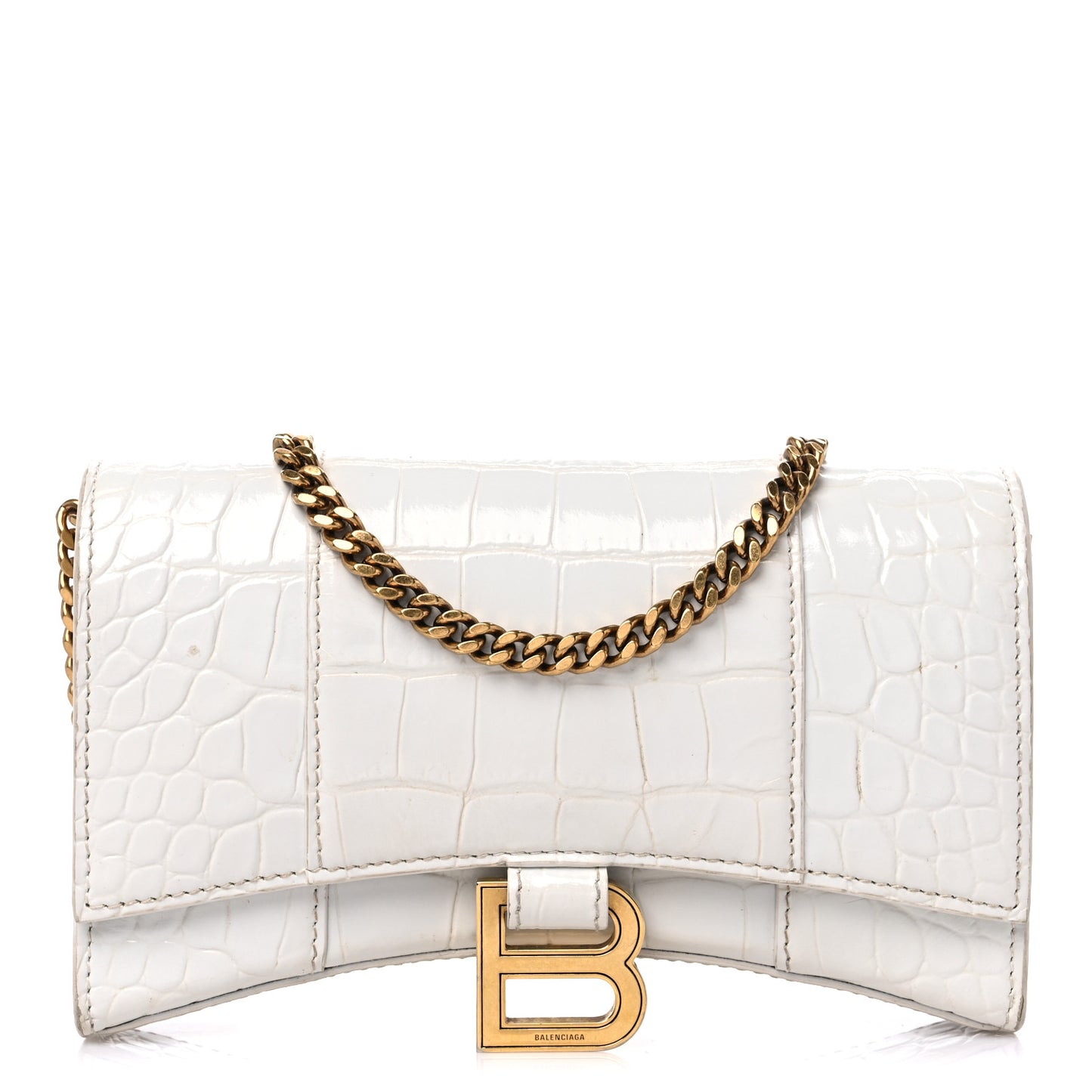 Shiny Calfskin Crocodile Embossed Hourglass Chain Bag White