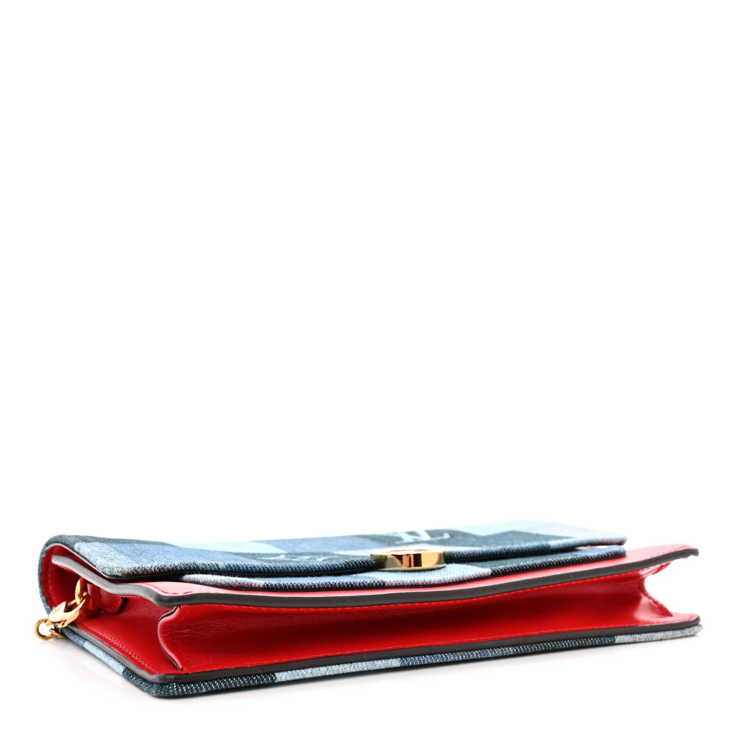 Denim Damier Monogram Patchwork Flore Chain Wallet Blue Rouge