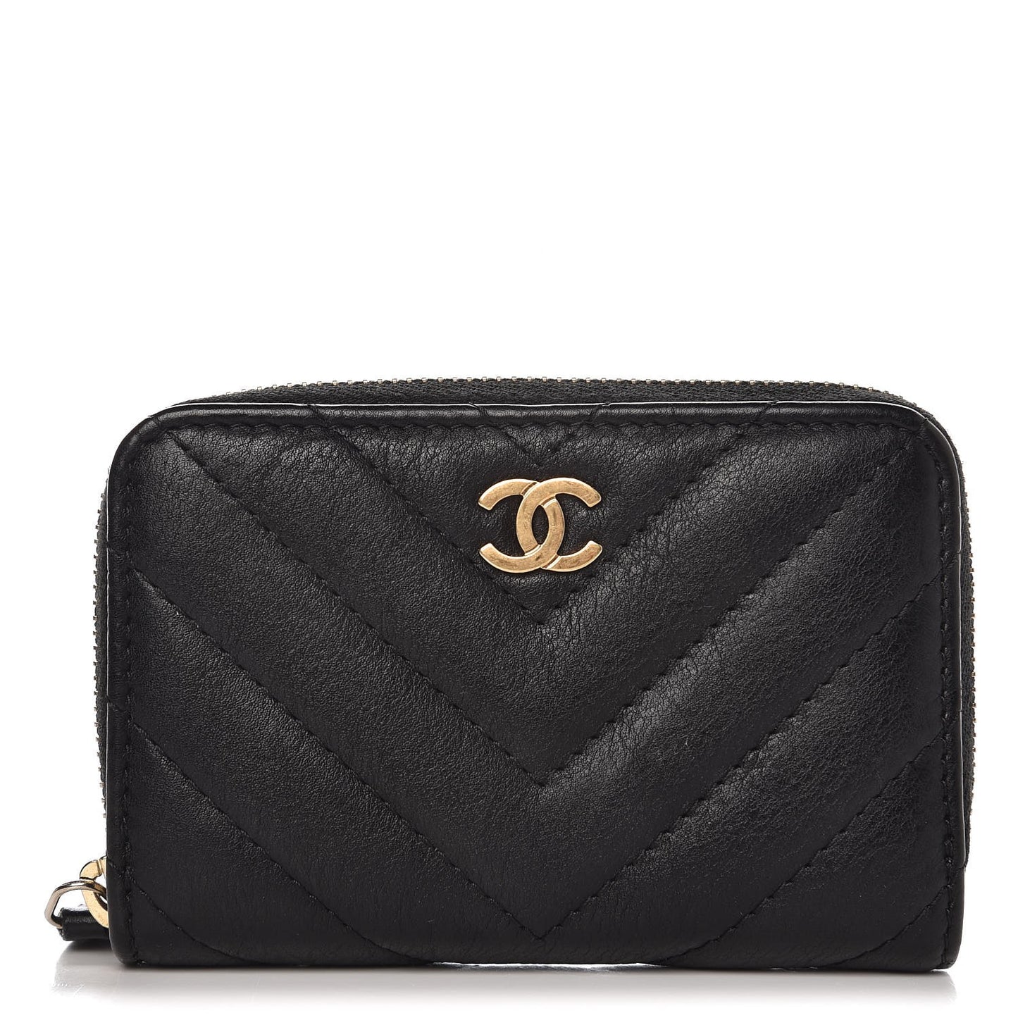 Calfskin Chevron Quilted Zip Around Coin Purse Black