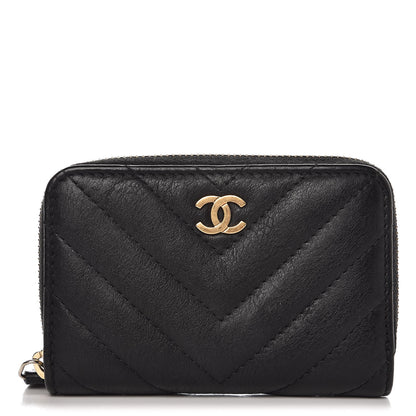 Chanel Calfskin Chevron Quilted Zip Around Coin Purse Black 1 of 8