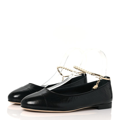 Chanel Lambskin Patent Calfskin Cap Toe Ankle Chain Ballerina Flats 39 Black 3 of 8