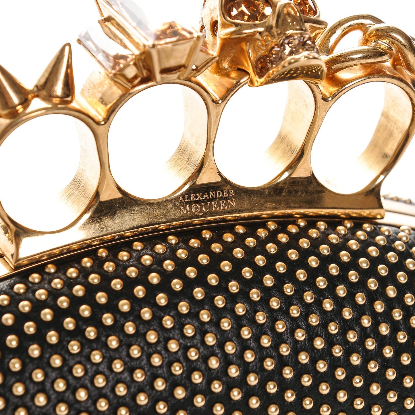Nappa Studded Skull Knuckle Oval Box Clutch Black