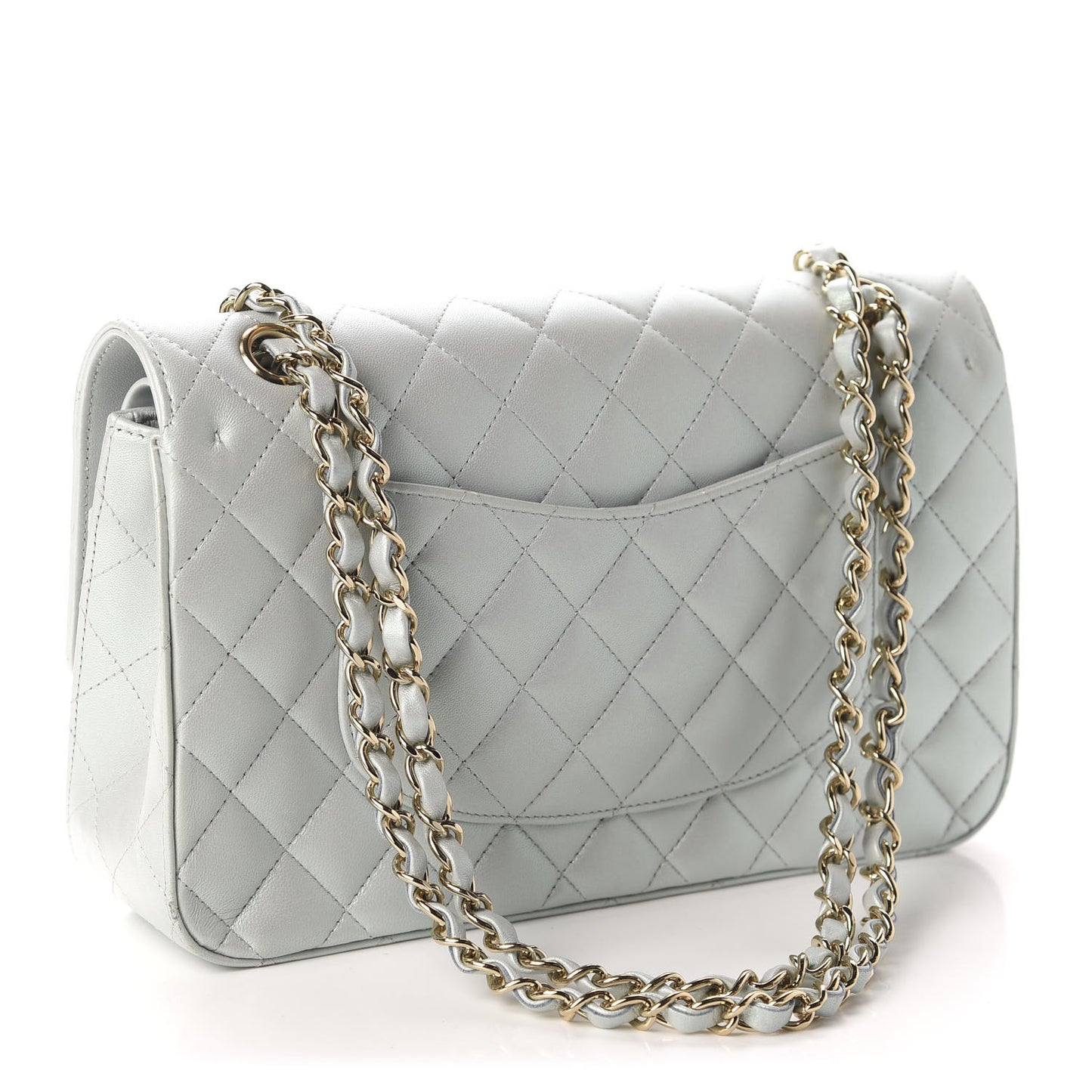 Iridescent Lambskin Quilted Medium Double Flap Light Blue