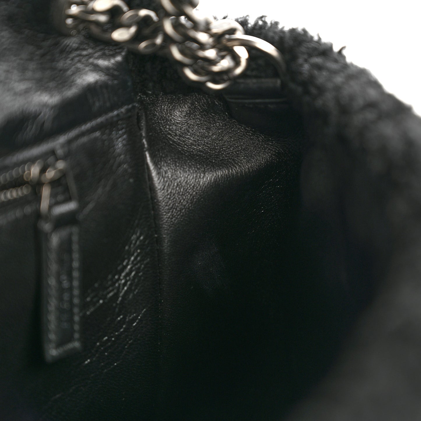 Crinkled Calfskin Shearling Monogram Medium Niki Chain Satchel Black