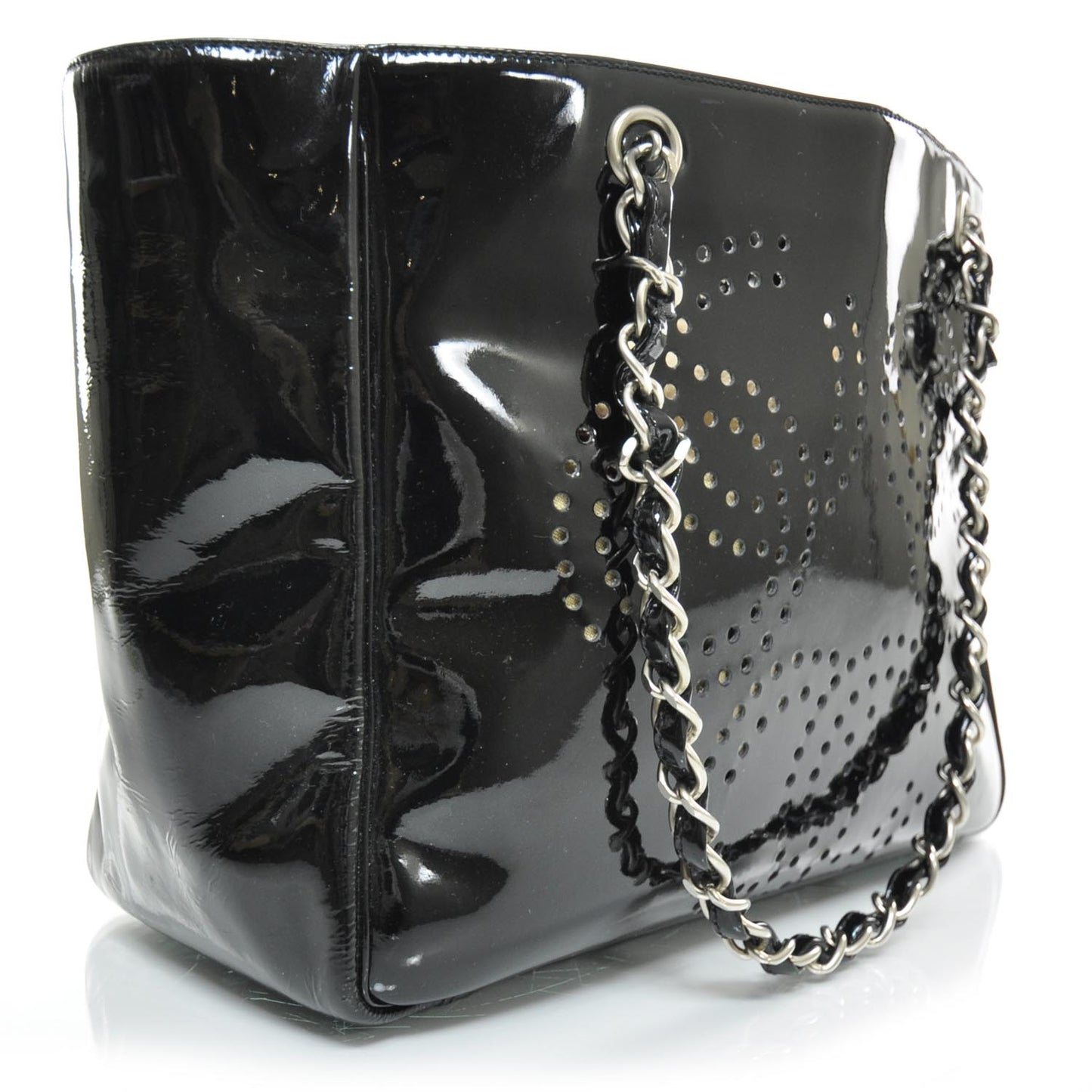 Patent Perforated CC Shopping Tote Black