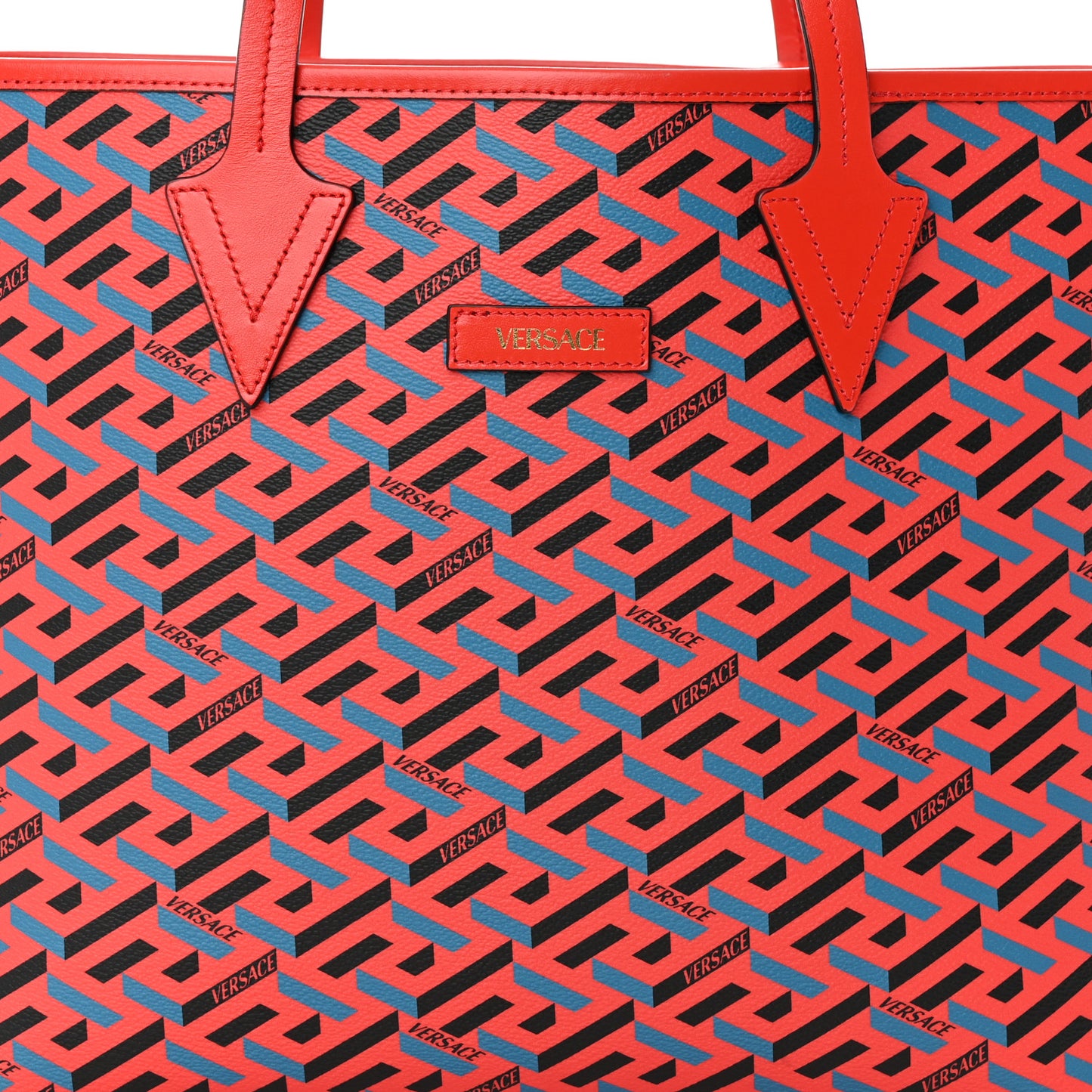 Coated Canvas Calfskin La Greca Signature Shopper Tote Bag Blue Red