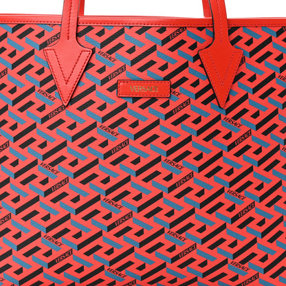 Versace Coated Canvas Calfskin La Greca Signature Shopper Tote Bag Blue Red 8 of 13