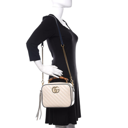 Gucci Vintage Effect Calfskin Matelasse Diagonal Small Torchon GG Marmont Bamboo Top Handle Shoulder Bag Mystic White Blue Agata 2 of 11