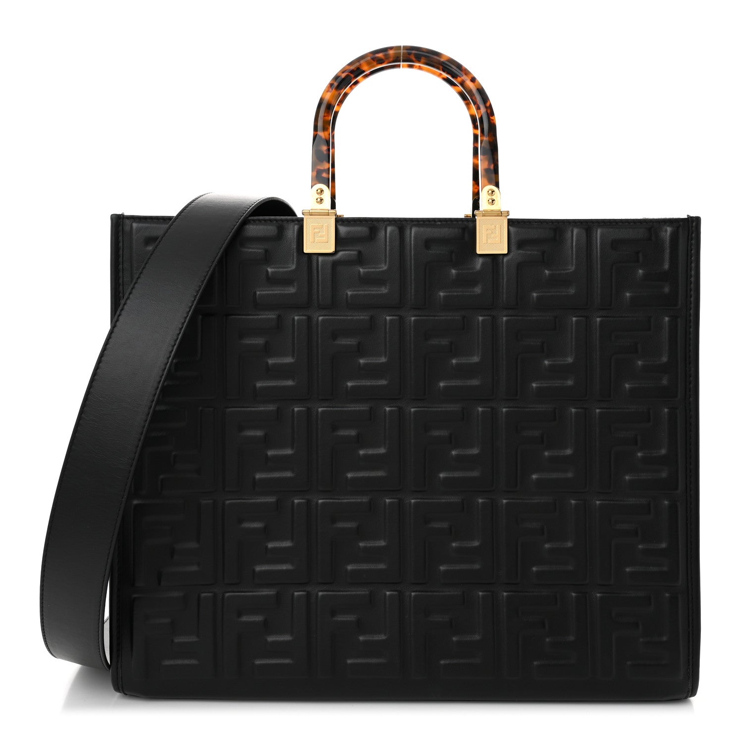 Fendi Vitello Plexiglass FF Embossed Medium Fendi Sunshine Shopper Tote Black 1 of 10