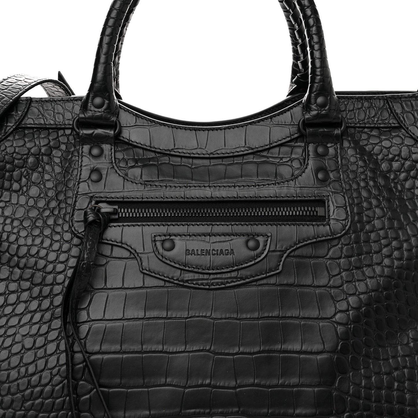 Semi Matte Calfskin Crocodile Embossed Neo Classic Black Hardware Large City Black