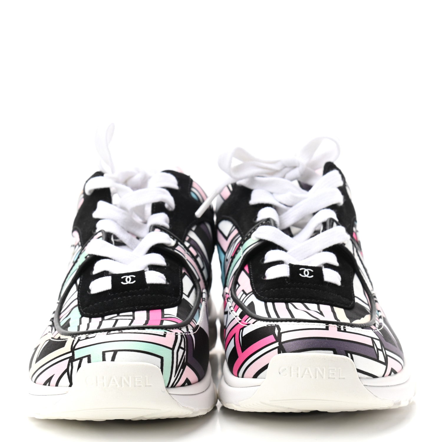 Chanel Suede Calfskin Nylon Geometric Print CC Sneakers 39 White Multicolor 2 of 10