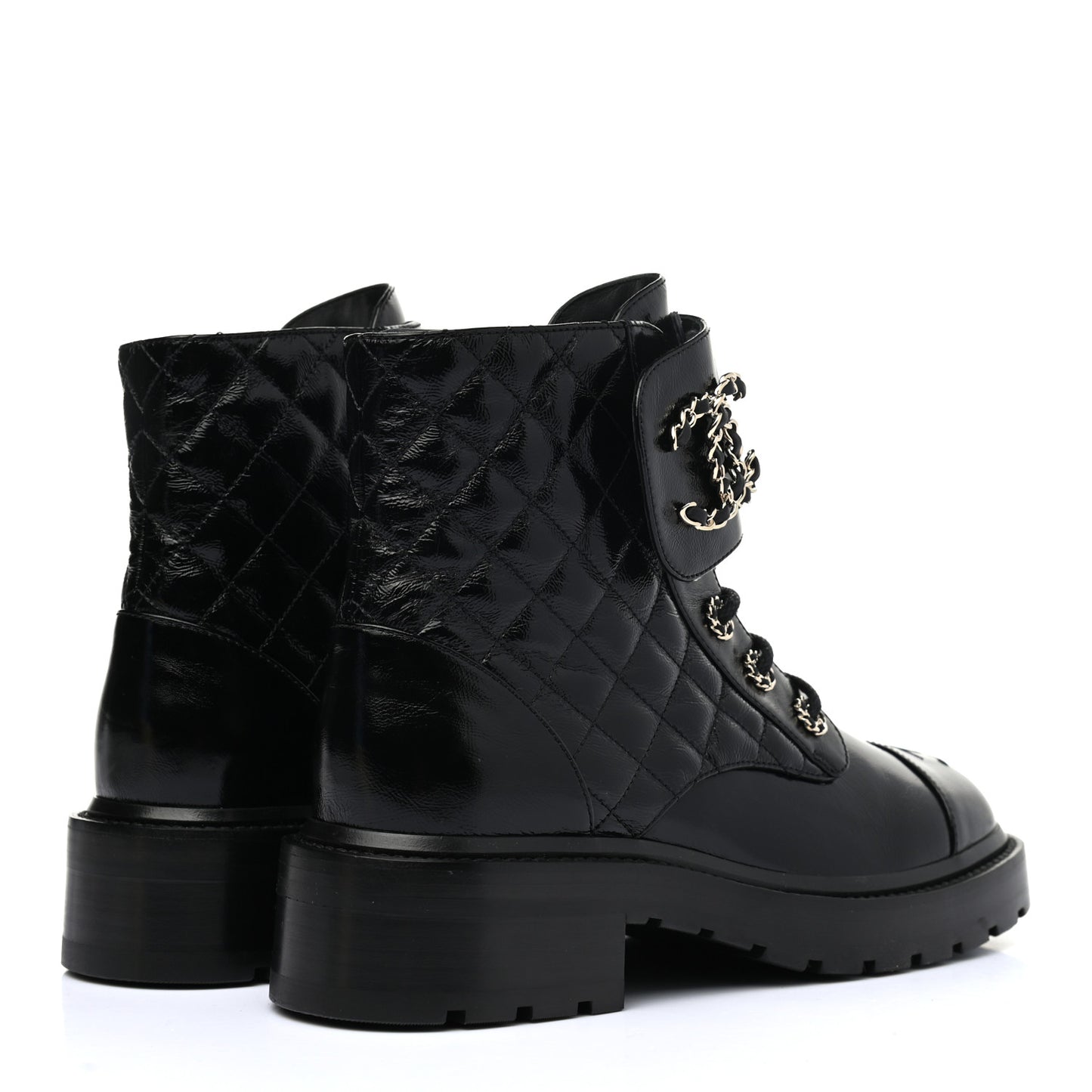 Shiny Calfskin Quilted Lace Up Combat Boots 37.5 Black