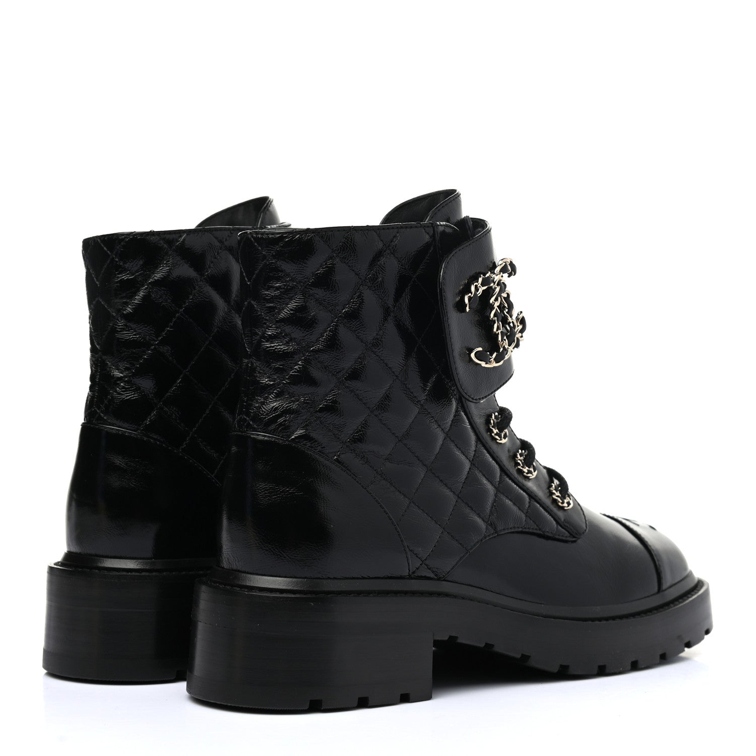 Chanel Shiny Calfskin Quilted Lace Up Combat Boots 37.5 Black 4 of 7