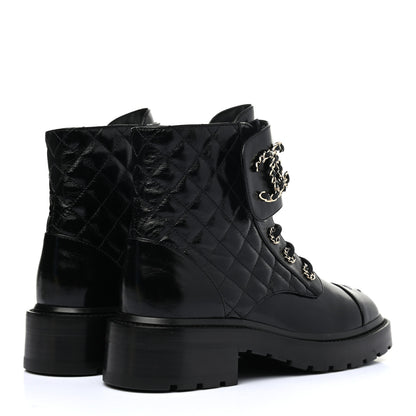 Chanel Shiny Calfskin Quilted Lace Up Combat Boots 37.5 Black 4 of 7