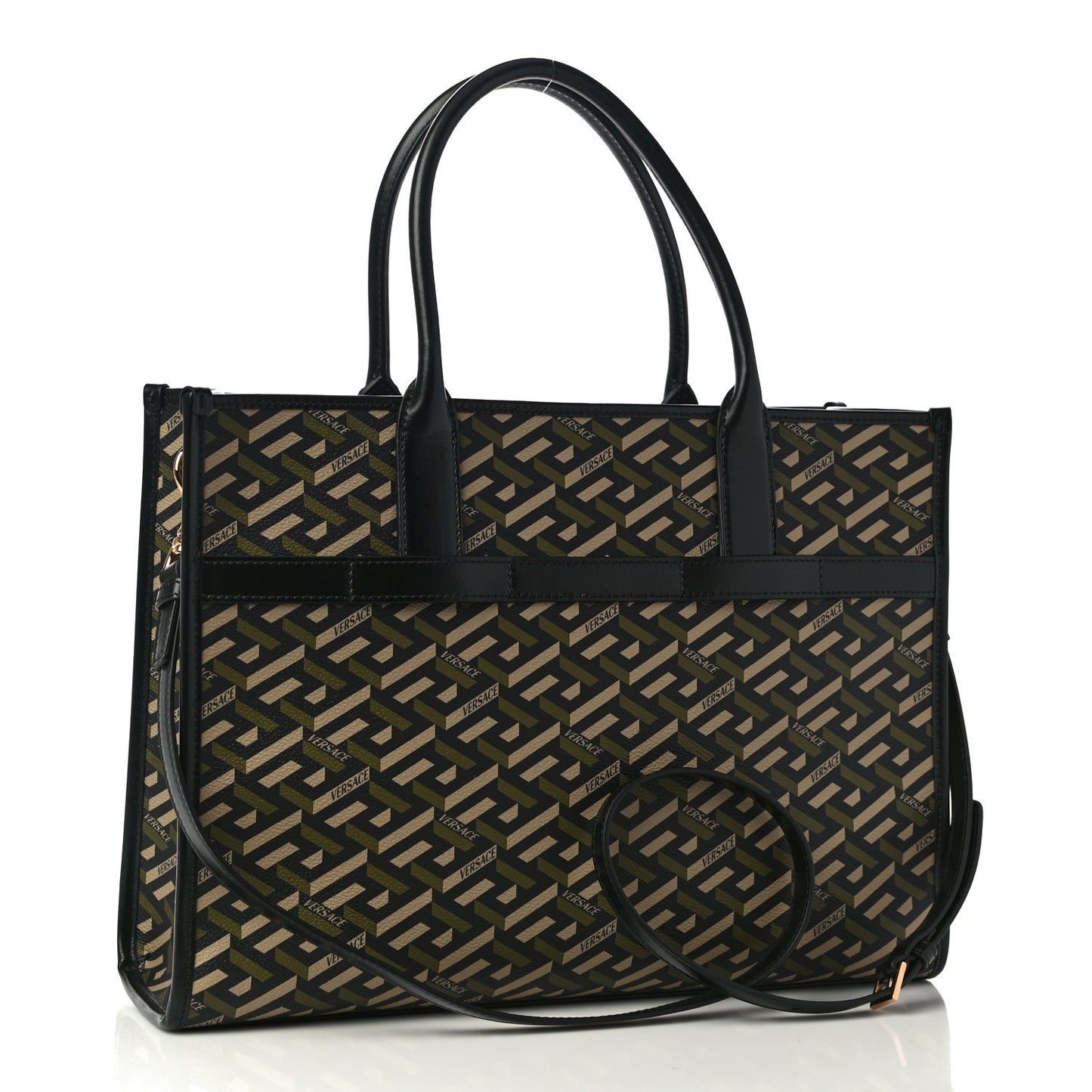 Coated Canvas Calfskin La Greca Signature Tote Bag Black Khaki