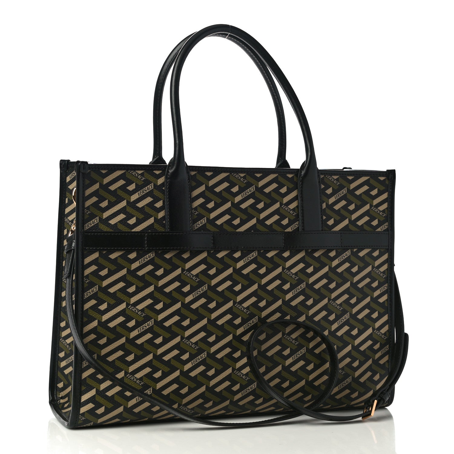 Versace Coated Canvas Calfskin La Greca Signature Tote Bag Black Khaki 3 of 10