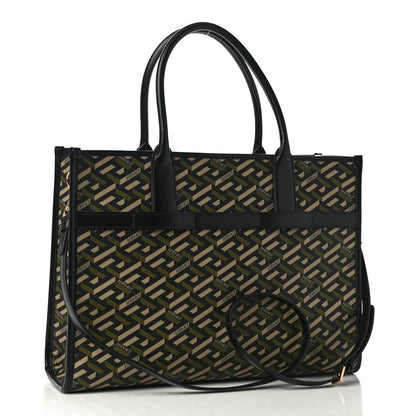 Versace Coated Canvas Calfskin La Greca Signature Tote Bag Black Khaki 3 of 10