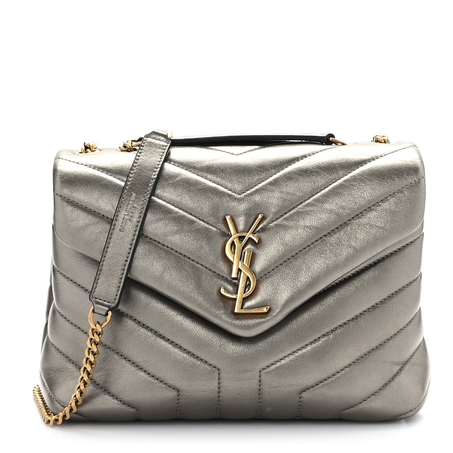 Saint Laurent Metallic Calfskin Y Quilted Monogram Small Loulou Chain Satchel Brown Metallic 1 of 11