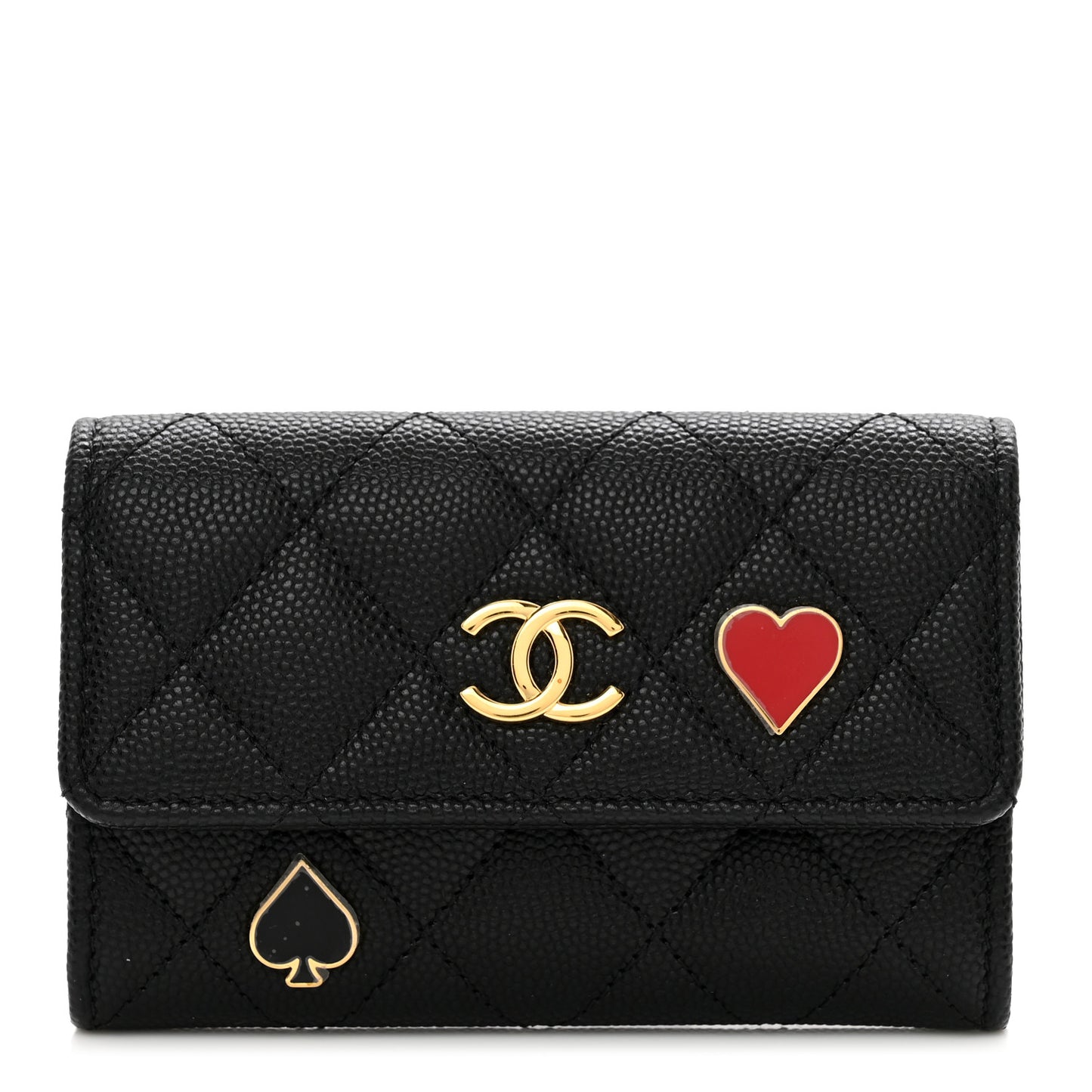 Caviar Quilted Enamel Coco Casino Flap Card Holder Wallet Black