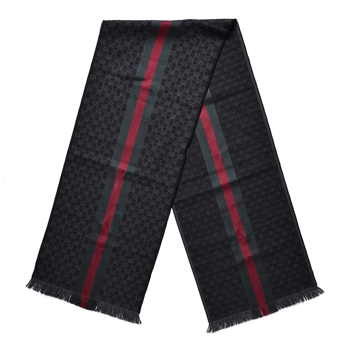 Wool Silk GG Monogram Web Verbier Fringe Scarf Black