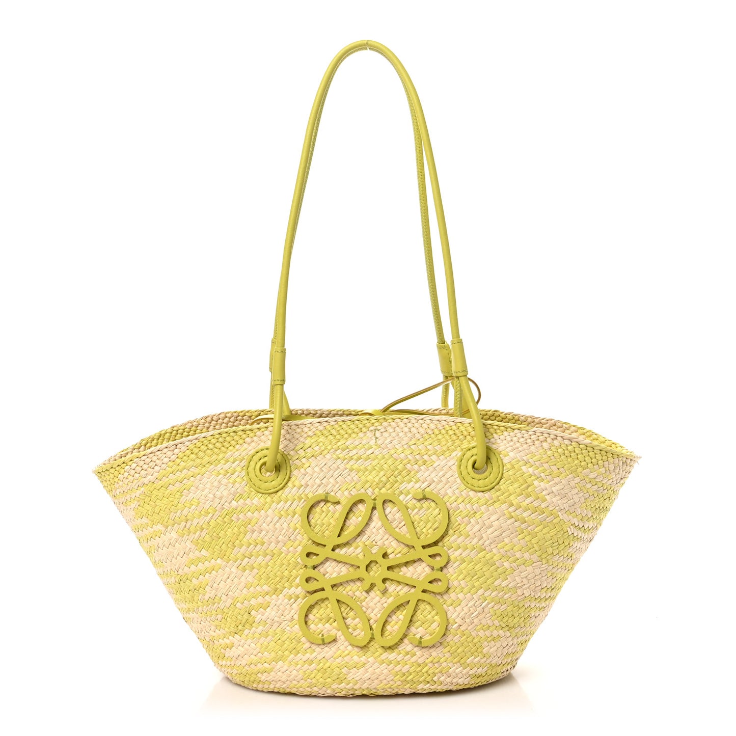Calfskin Raffia Paulas Ibiza Small Anagram Basket Tote Bag Natural Lime Green