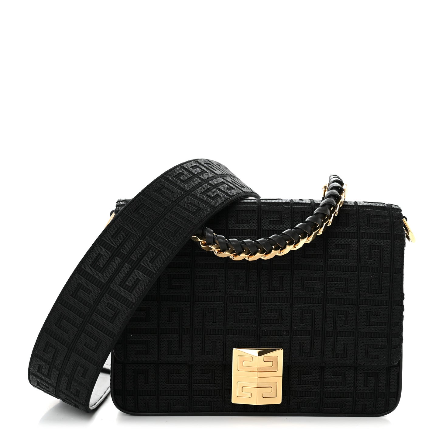 Canvas Woven Embroidered Medium 4G Bag With Chain Black