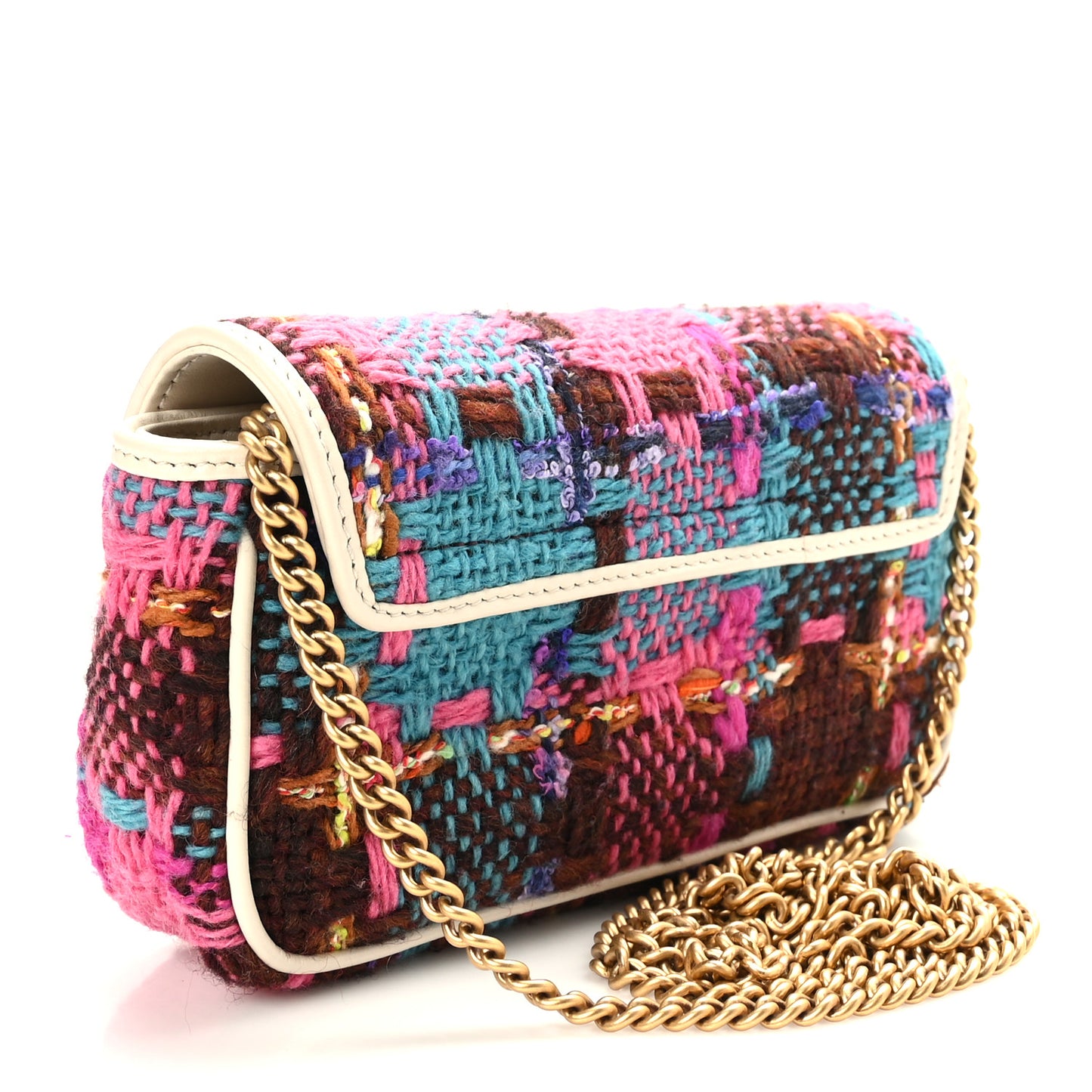 Tweed Calfskin Spicy Check Super Mini GG Marmont Shoulder Bag Pink Multicolor Mystic White