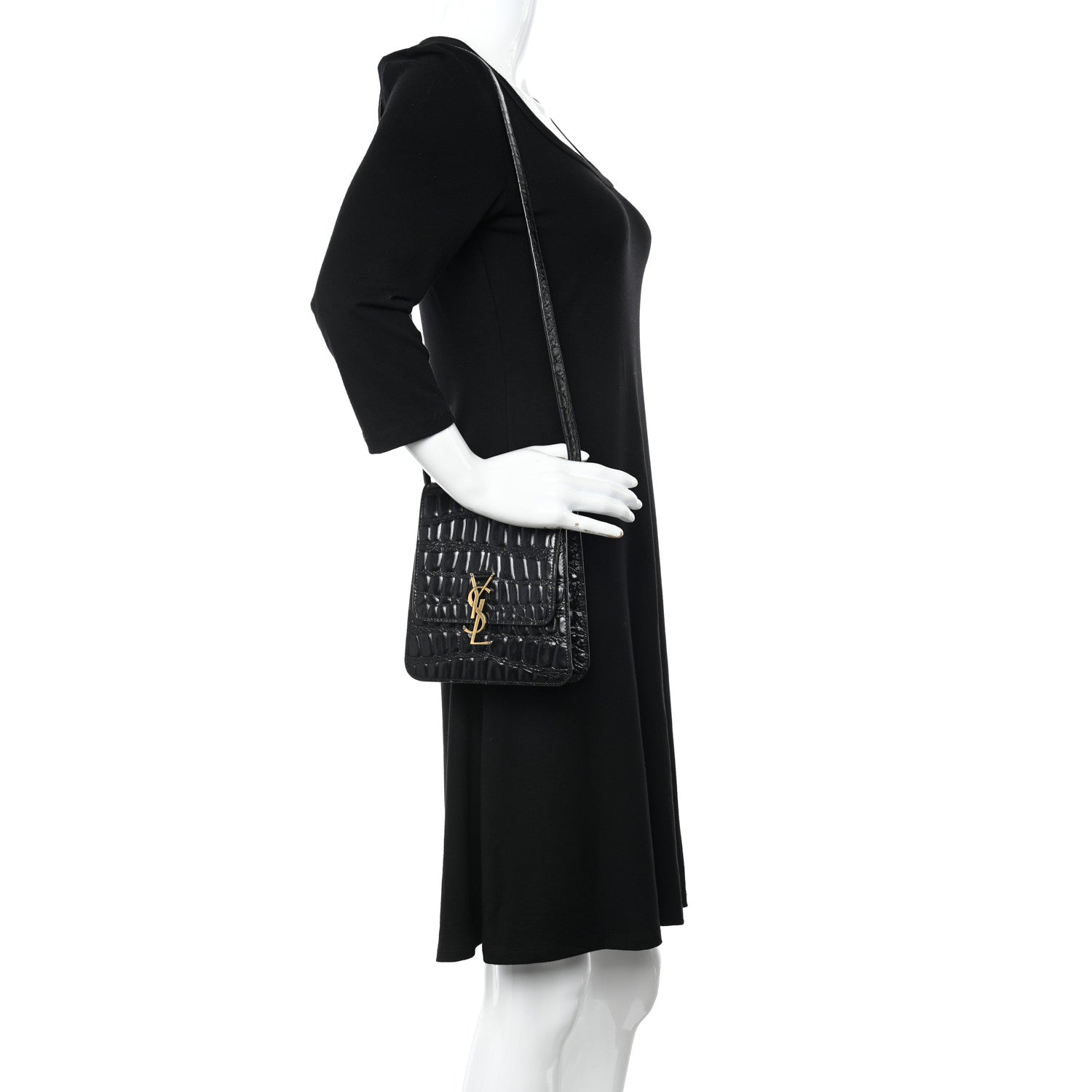 Saint Laurent Calfskin Embossed Crocodile North South Kaia Satchel Black 2 of 10
