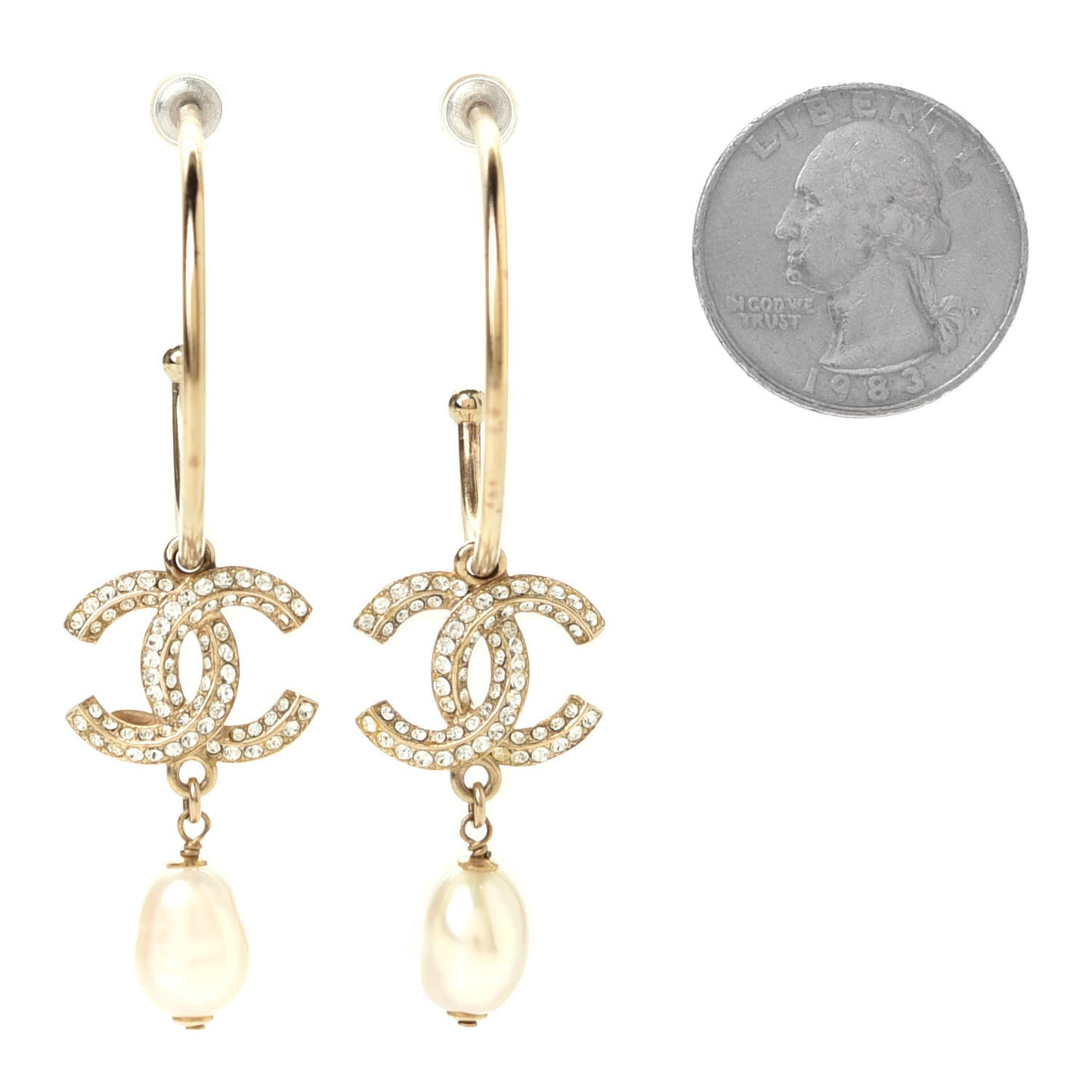 Crystal Pearl CC Drop Hoop Earrings Gold
