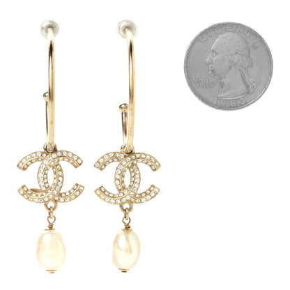Chanel Crystal Pearl CC Drop Hoop Earrings Gold 3 of 4