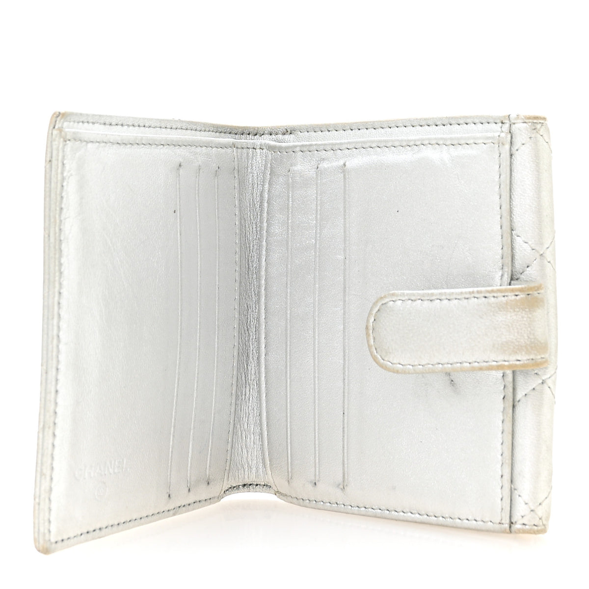 Metallic Lambskin Quilted Compact French Flap Wallet Silver