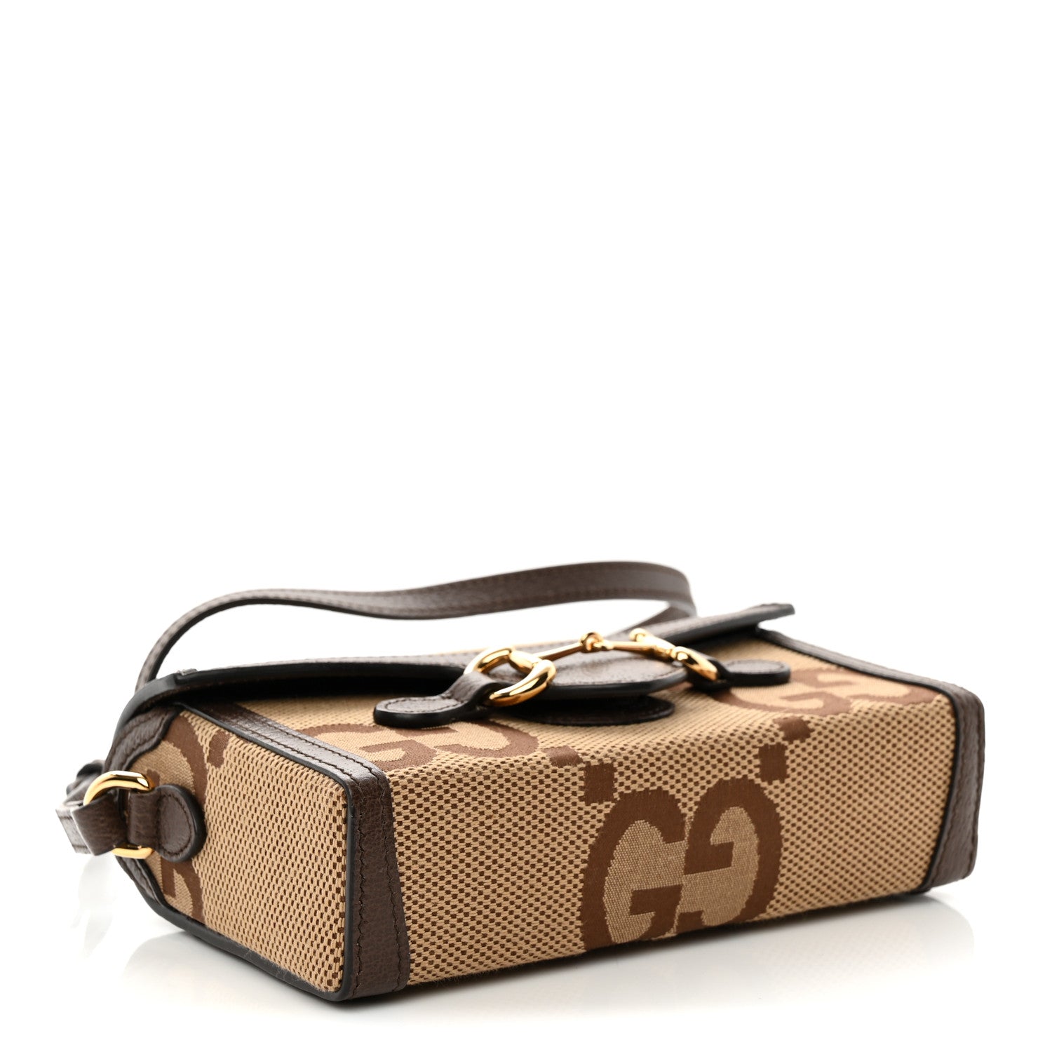 Gucci Monogram Jumbo GG Textured Dollar Calfskin Mini Horsebit 1955 Shoulder Bag Camel Ebony New Acero 4 of 13