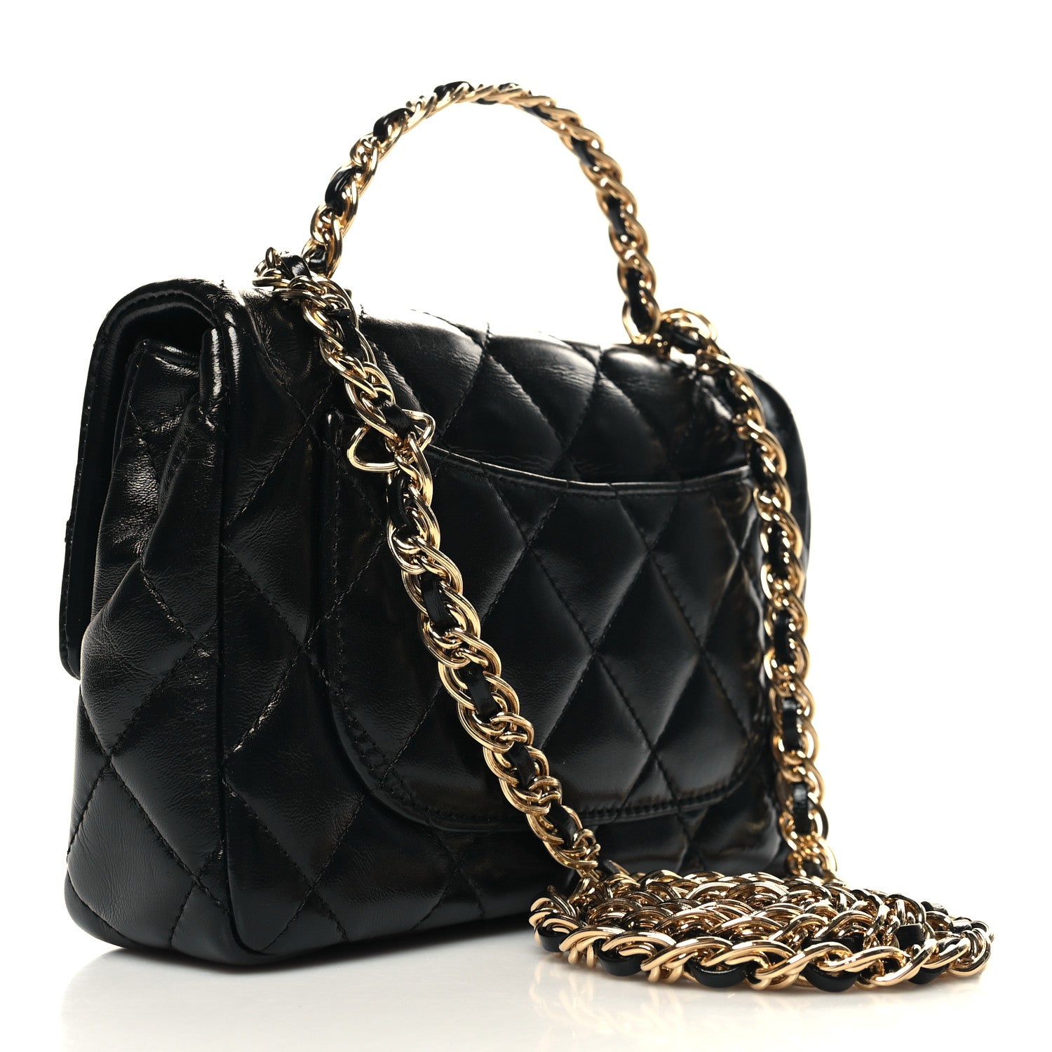 Chanel Shiny Lambskin Quilted Golden Links Top Handle Flap Black 3 of 12