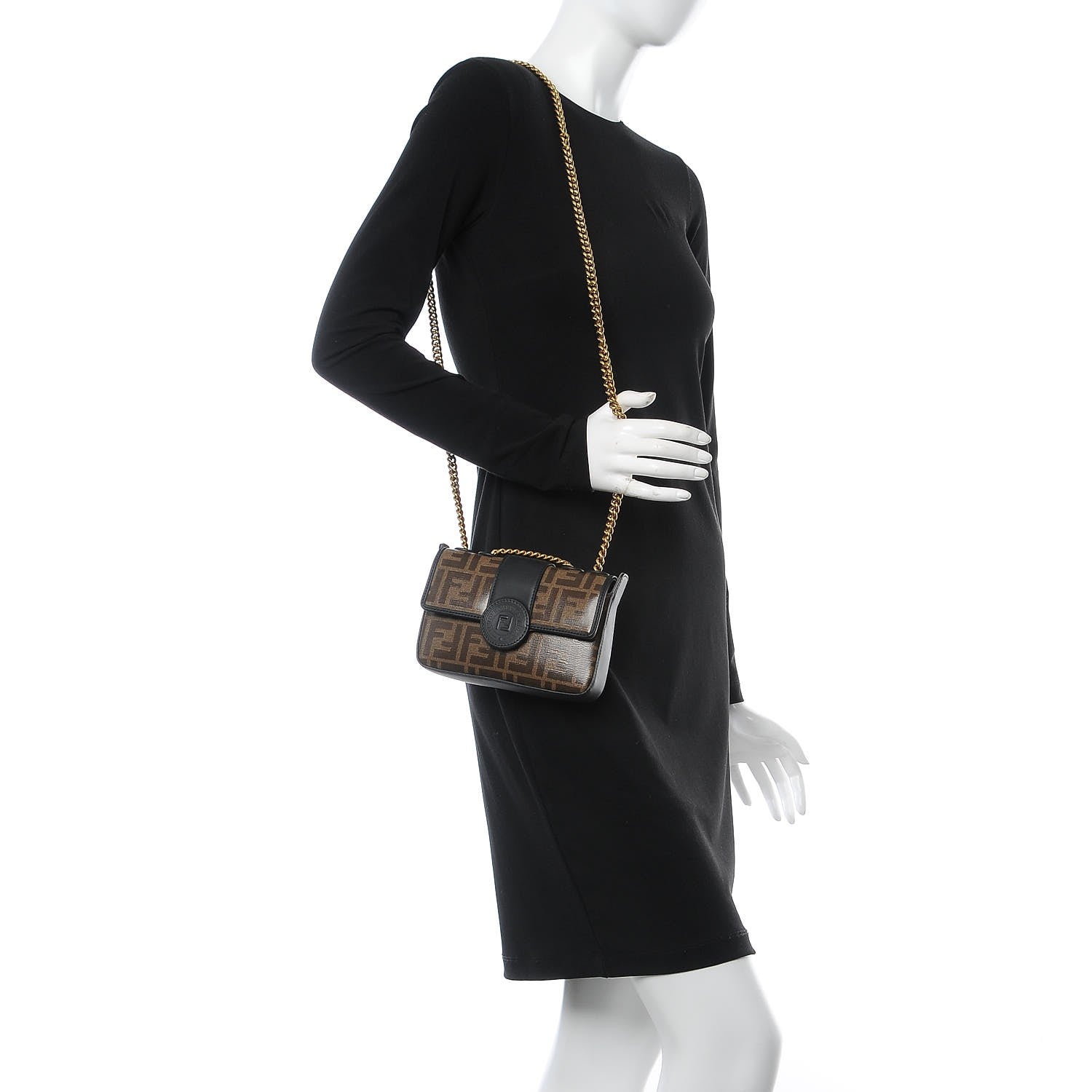 Fendi Glazed Fabric Vitello Century FF 1974 Stamp Patch Mini Double F Crossbody Bag Mogano Panna Black 2 of 8
