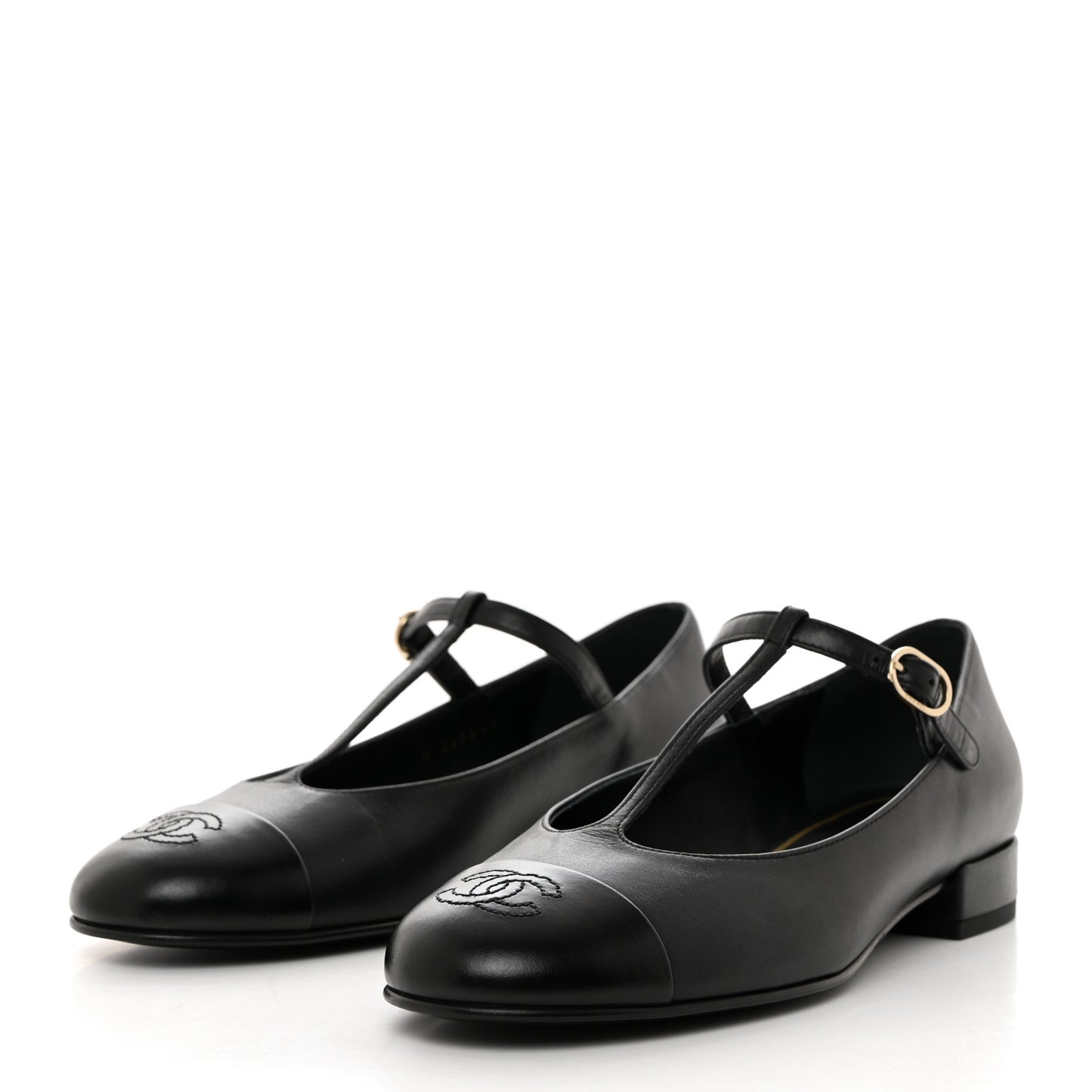 Calfskin Cap Toe T Strap CC Flats 37 Black