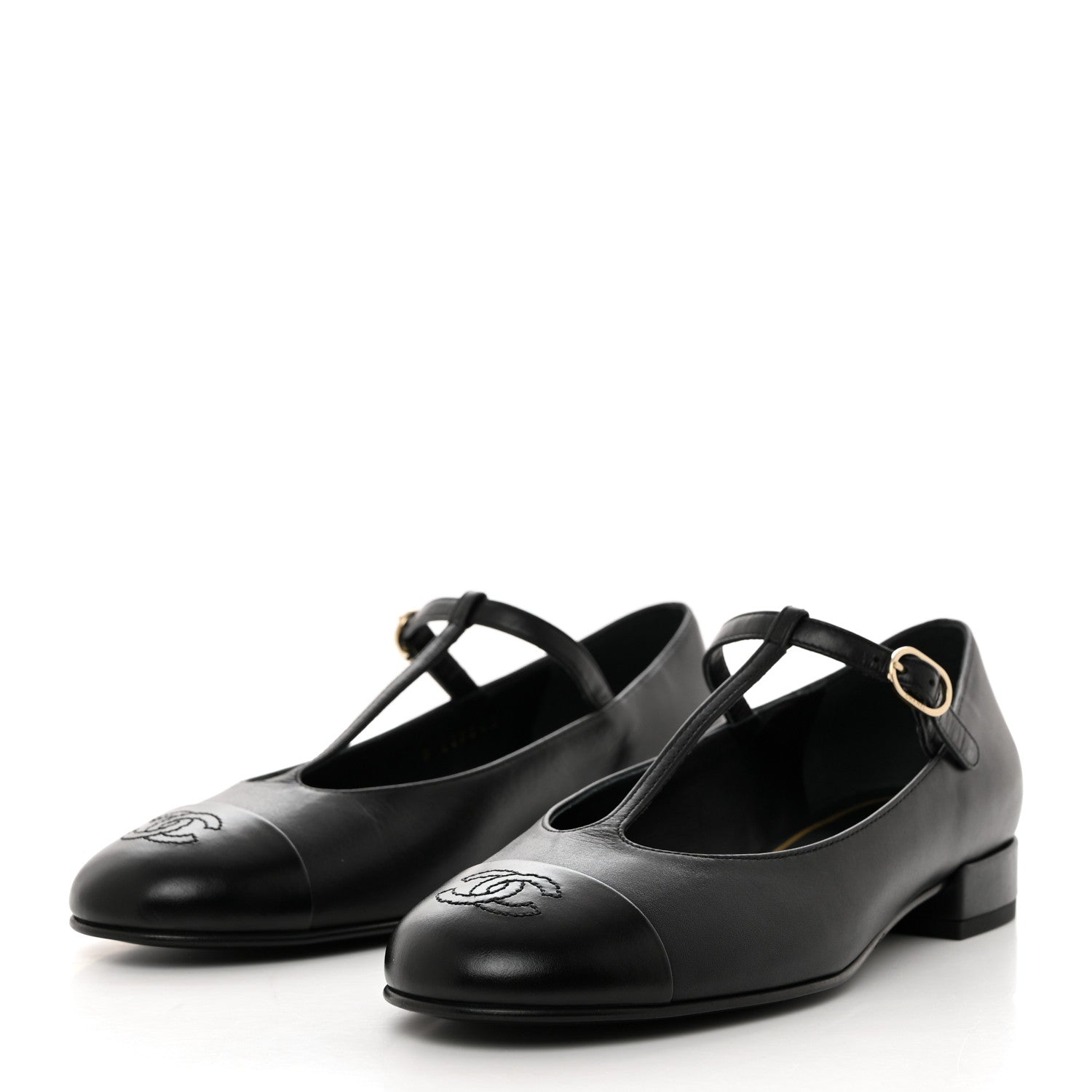 Chanel Calfskin Cap Toe T Strap CC Flats 37 Black 3 of 9