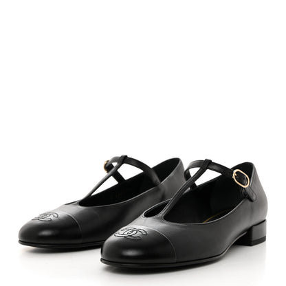 Chanel Calfskin Cap Toe T Strap CC Flats 37 Black 3 of 9