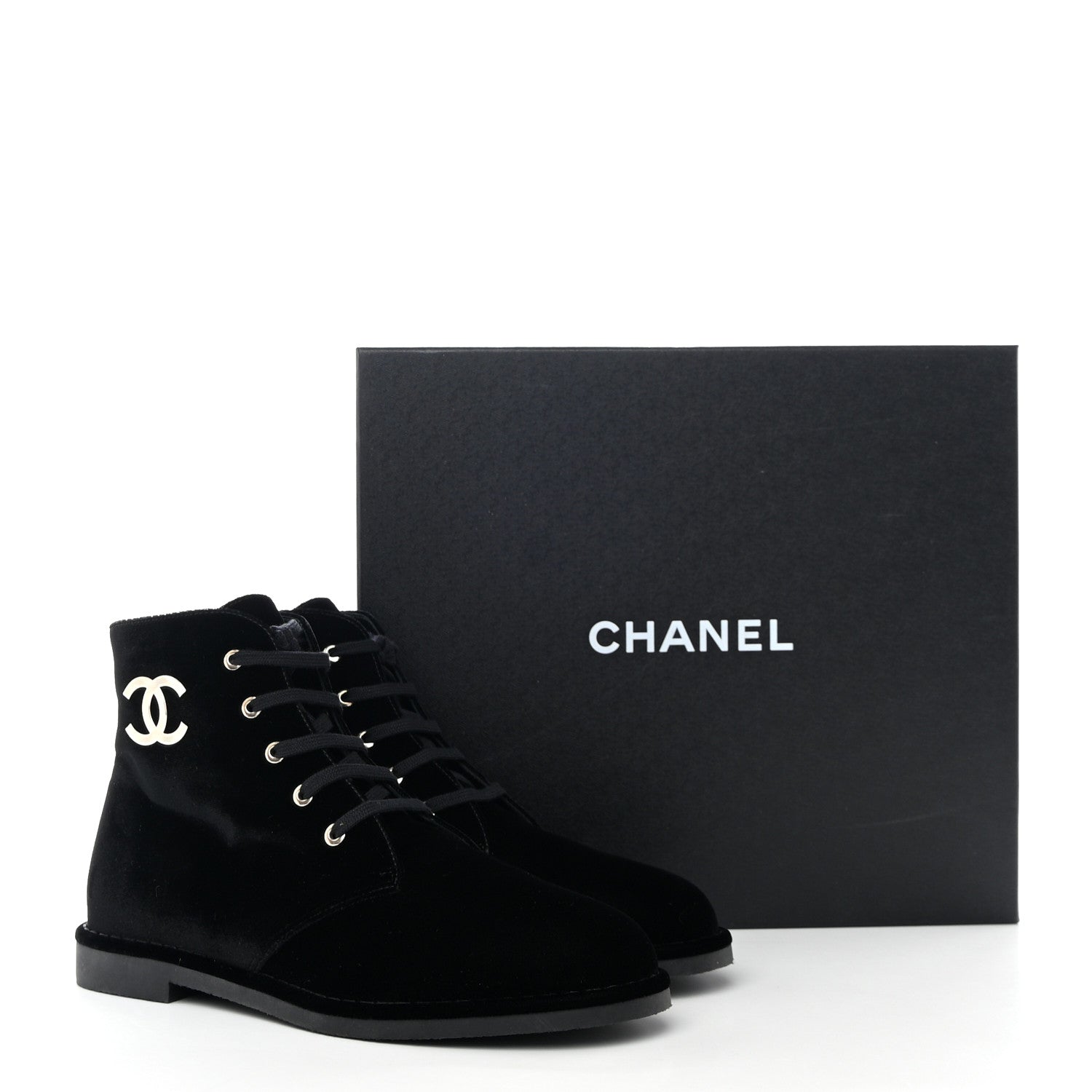Chanel Velvet CC Lace Up Boots 40.5 Black 9 of 9