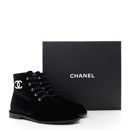 Chanel Velvet CC Lace Up Boots 40.5 Black 9 of 9