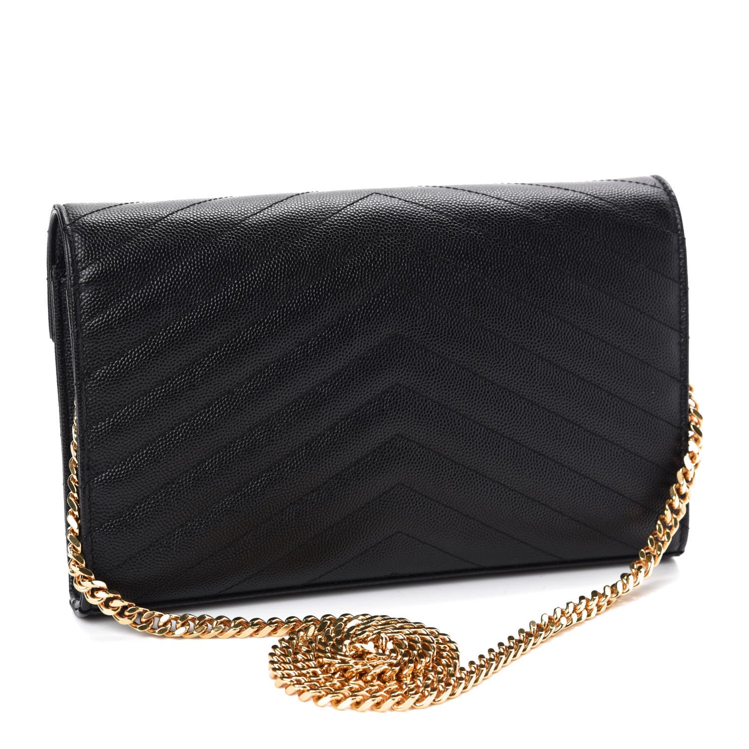Saint Laurent Grain De Poudre Matelasse Chevron Monogram Chain Wallet Black 3 of 11