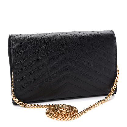 Saint Laurent Grain De Poudre Matelasse Chevron Monogram Chain Wallet Black 3 of 11