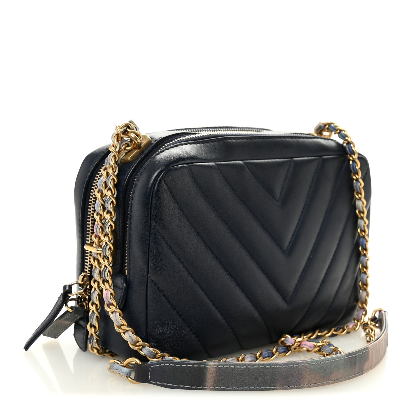 Lambskin Chevron Quilted Chain Around Camera Case Navy