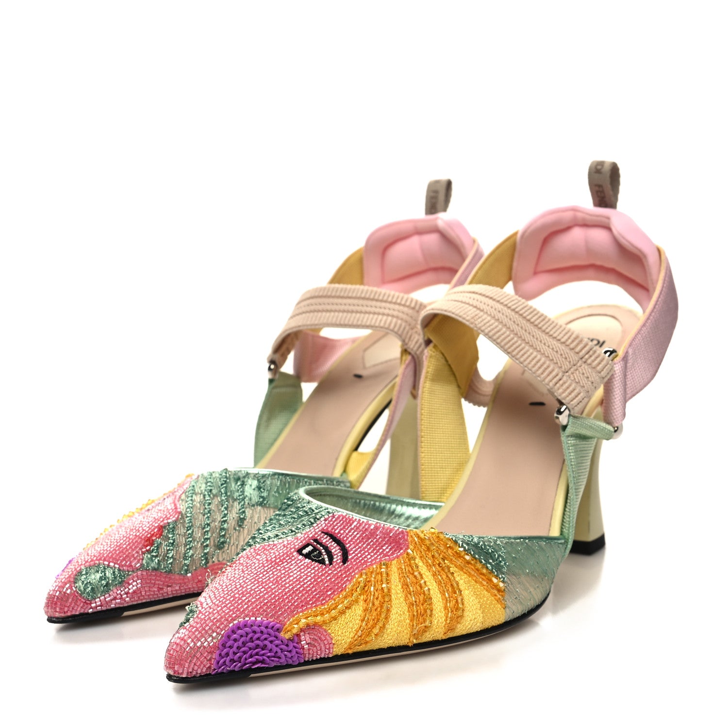 Fendi Technical Mesh FF Beaded Colibri 85mm Slingback Pumps 39 Multicolor 3 of 8