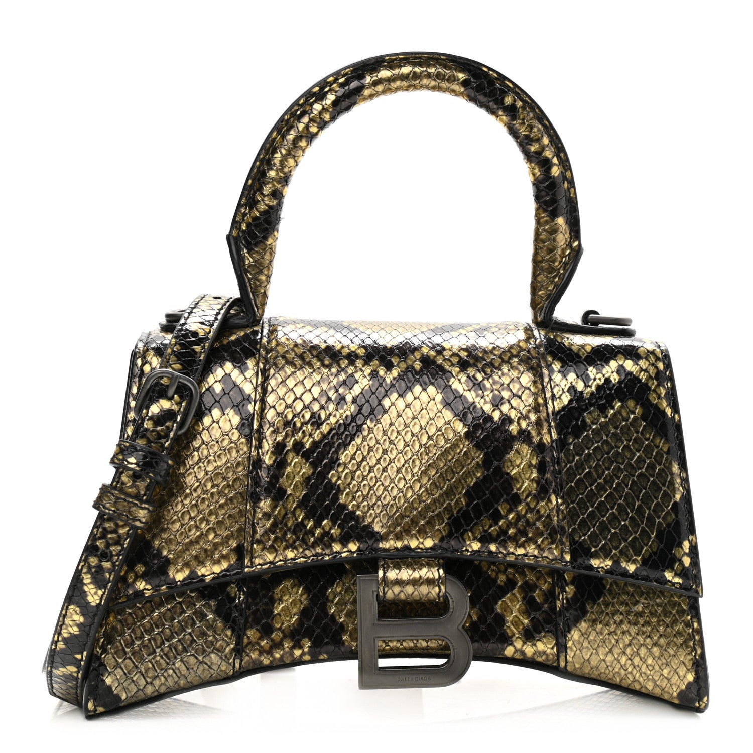 Balenciaga Shiny Calfskin Snakeskin Embossed Hourglass Top Handle Bag XS Gold Black 1 of 12