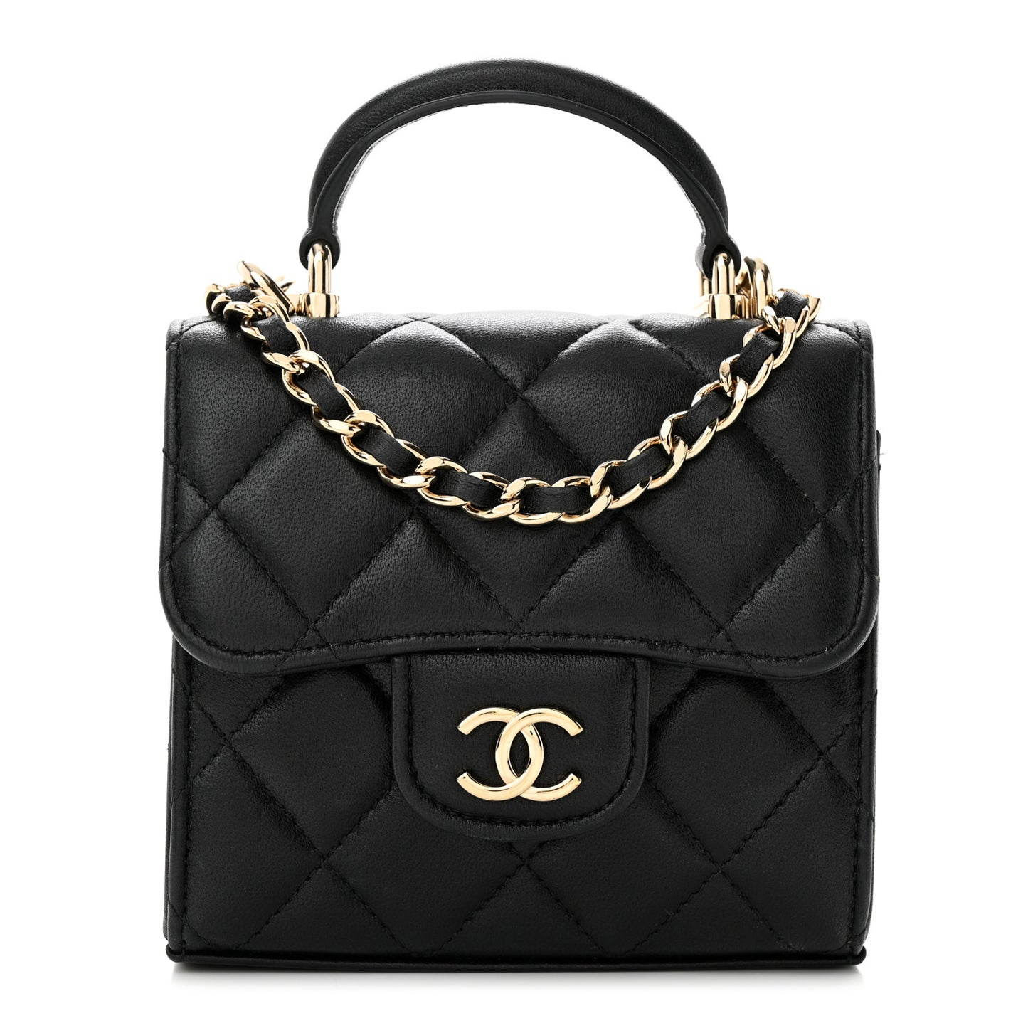 Lambskin Quilted Top Handle Flap Clutch With Chain Black